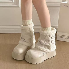 Women's Plush Lined Winter Snow Boots Cuffable Shaft Chunky Platform Warm Ankle Boots