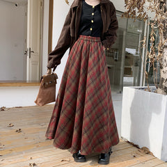 Vintage Plaid Print Flared Maxi Skirt
