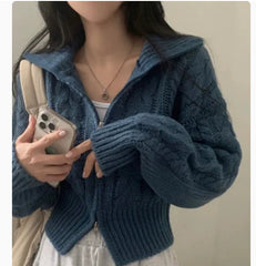 Solid Color Cable Knit Zip Up Cardigan