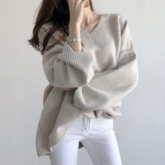 V-Neck Solid Color Loose Sweater