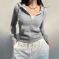 Vintage Zip Up Rib Knitted Hoodie