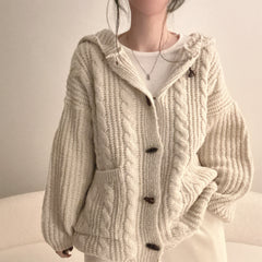 Over Fit Hooded Cable Knit Cardigan – Thick Chunky Button-Front Sweater Coat with Pockets in Cream & Gray (One Size)