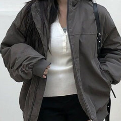 Stand-up collar pleated pilot sleeve padded jacket in dark gray, worn open