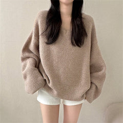 Solid Color V-Neck Oversized Sweater