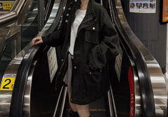 Retro distressed multi-pocket workwear trench coat, full length view