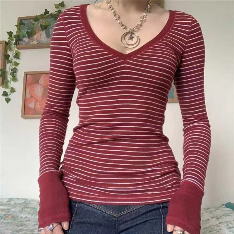 Striped V Neck Knit Long Sleeve Tee - fairypeony