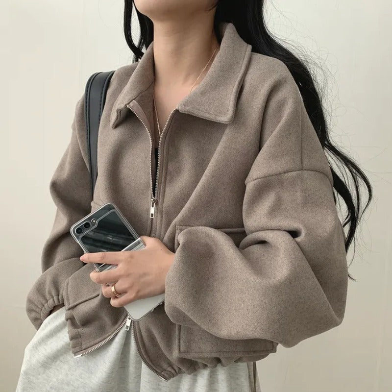 Solid Color Loose Double Pocket Wool Jacket - fairypeony