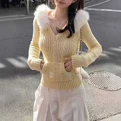 Twisted-knit hooded coat with a fluffy fur collar, slim-fit sweater for layering