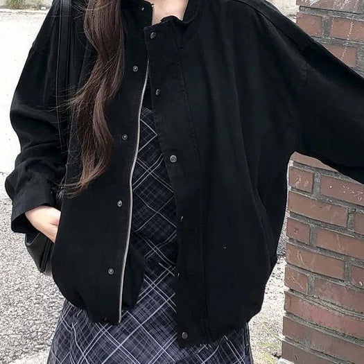 Drop shoulder vintage distressed stand collar jacket in black, street style