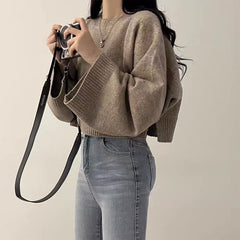 Solid Color Round Collar Pullover Crop Sweater