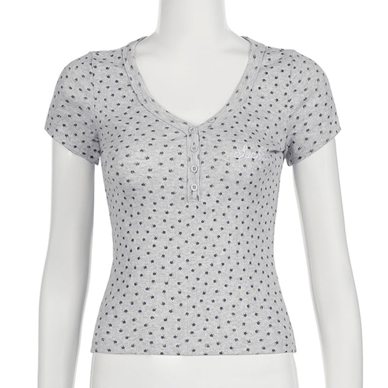 V-Neck Floral Striped Short Sleeve Tee - fairypeony