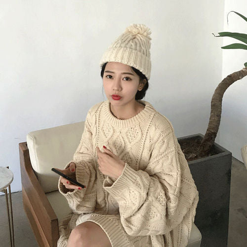 Solid Cable Knit Pullover Sweater - fairypeony