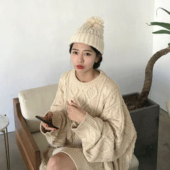 Solid Cable Knit Pullover Sweater - fairypeony