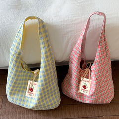 Double-Sided Plaid Canvas Tote Bag