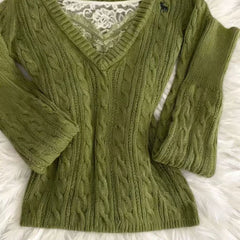 Lace Patchwork Knit Sweater with Waist-Cinching Design