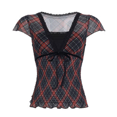 2000s Mesh Lace Trim V-Neck Top – Plaid Faux Two-Piece Smocked Ruffle Tee S–L