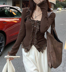 Fairy Patchwork Ruffled Lace Long Sleeve Tee