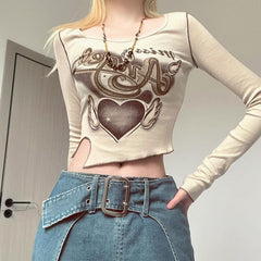 Winged Heart Rib Long Sleeve Crop Top - fairypeony