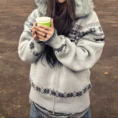 2000s Fair Isle Faux Fur Hood Oversized Knit Zip Cardigan