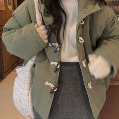 Cow Horn Button Insulated Hooded Cotton Coat – Padded Toggle Winter Jacket in 2 Colours