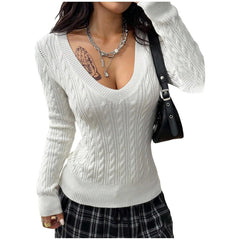 Women's Slim Fit Cable Knit Pullover Sweater V-Neck Long Sleeve