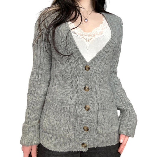 2000s Cable Knit Cardigan Sweater – Slim Fit V-Neck Button-Front in Gray, Sizes S–L