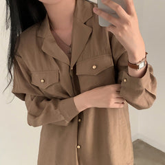 Vintage Suit Collar Double Pocket Long Sleeve Blouse