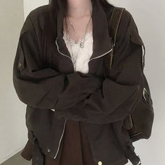 Stand collar relaxed fit woven jacket in brown, open with belt detail