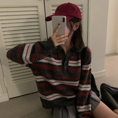 Vintage Polo Collar Striped Sweater