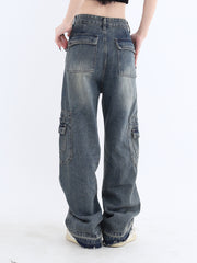 Vintage Wash High Waist Cargo Jeans