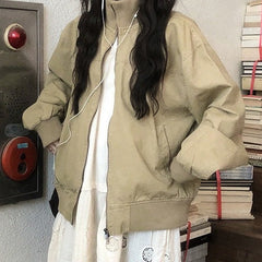 Vintage washed stand collar zip-up baseball jacket in khaki, front view