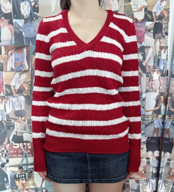 Loose V-neck Striped Cable knit Sweater - fairypeony