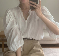 Button Front Pleated Long Sleeve Blouse