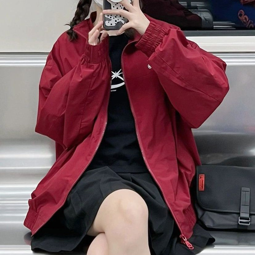 Letter Embroidery Oversized Bomber Jacket - fairypeony