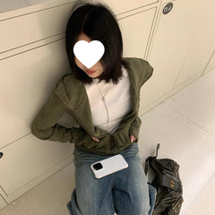 Retro Green Hooded Zip-Up Sweatshirt