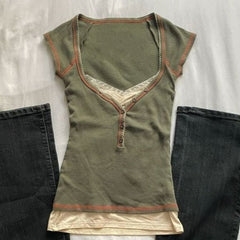 Retro Square Neck Cotton T-shirt