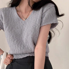 V- Neck Solid Color Short Sleeve Thin Knitted Tee