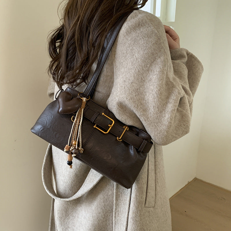 Vintage Belted Pu Leather Shoulder Bag - fairypeony