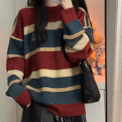 Letter Embroidery Vintage Striped Sweater