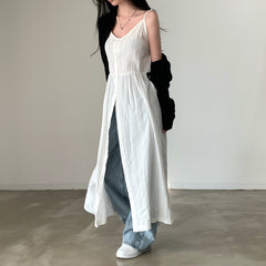 V-neck Single breasted Hollow Lace Midi Sling Dress