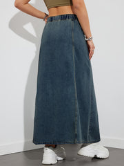 Elastic Waist Drawstring Flared Denim Skirt