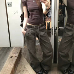 Belted Straight Wide-Leg Denim Pants – Slimming Low-Waist Street Style Jeans in Gray