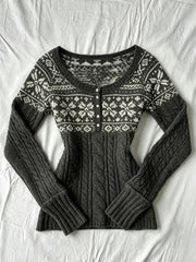 2000s Fair Isle Cable Knit Round-Neck Button Cardigan