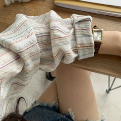Colorful Stripe Print Button Up Long Sleeve Shirt - fairypeony
