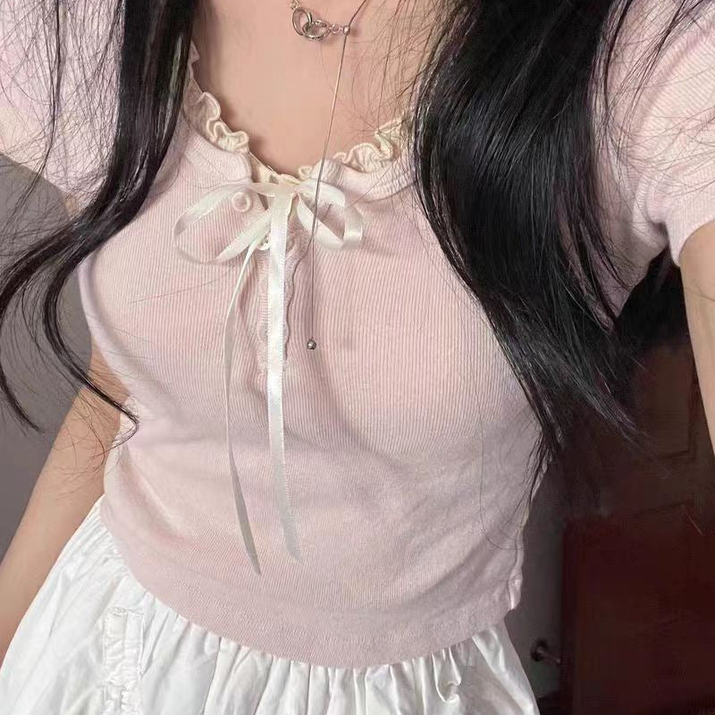 Coquette Tie Front Lace Trim Tee - fairypeony