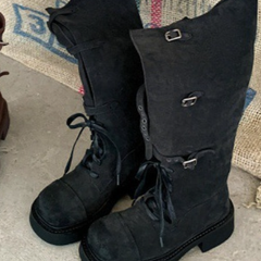 Belted Platform Riding Boots – Chunky Heel Side-Zip Fashion Boots