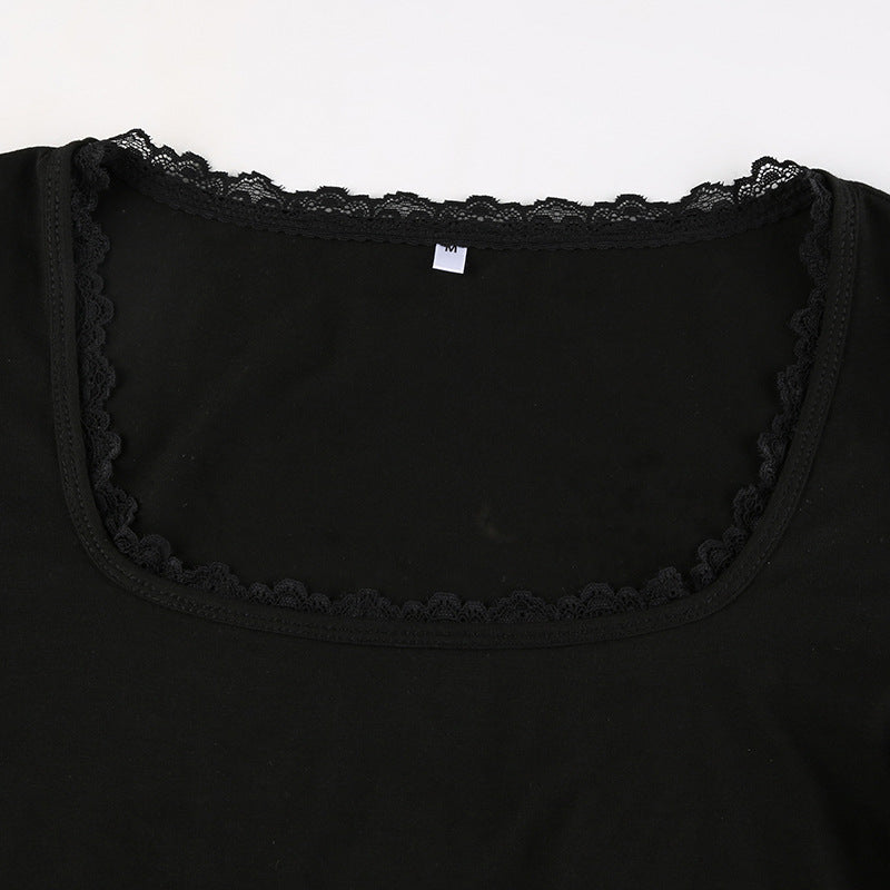 Lace Trim Splice Square Neck Crop Long Sleeve Tee - fairypeony