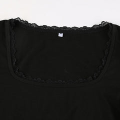 Lace Trim Splice Square Neck Crop Long Sleeve Tee - fairypeony