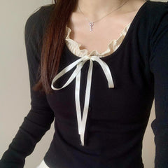 Ruffled Collar Bow Knot Long Sleeve Tee