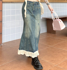 Vintage Lace Trim Maxi Denim Skirt